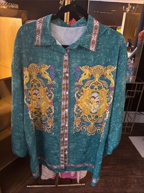 SHEIN Teal Baroque-Print Lightweight Shirt Jacket with Gold Motifs